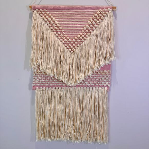 Bella Lux Macrame Wall Hanging  22" x 36" Pink Cream Cotton Wool Made in India - Picture 1 of 14